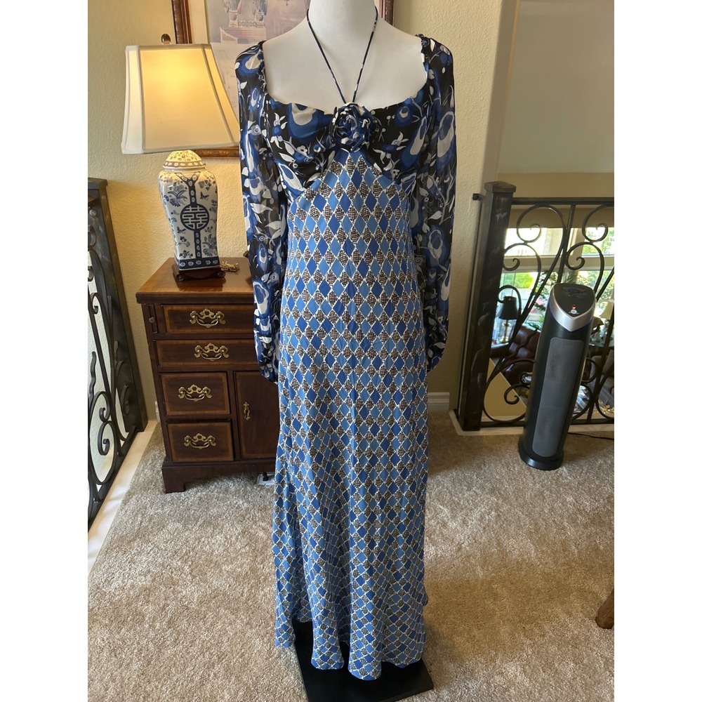 Rixo Jeanie Blue Mixed Print Maxi Dress US 12 Sheer Chiffon Bias Cut Low Back - Picture 5 of 7
